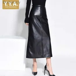 Skirts Korean Style Womens New Genuine Leather High Waist Elegant Skirt Office Lady Fashion Split Sheepskin Ankle Length Casual SkirtL231212