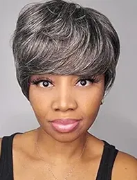 Grey Wig with Bangs Short salt and pepper Wigs for Women Grey Human Hair Wig Short Gray Wig Pixie Cut Wig real Hair Silver Grey Wig 150% Density