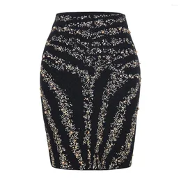 Skirts SML High Quality Fashion Zebra Textured Knitted Elastic Fabric Slim Fit Zipper Gold Beaded Black Women's Half Length Short Skirt