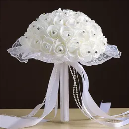 Rosa artificial flores de noiva buquê de casamento buquê de cristal lvory fita de seda segurando buquê de flores multicolor272i