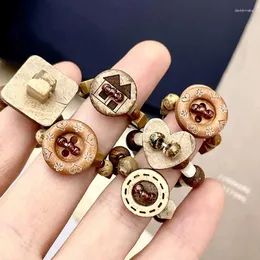 Cluster Rings Vintage Wooden Button Handmade Beaded Ring For Women Aesthetics Cool Charm Maillard Style Accessories Fashion Jewelry