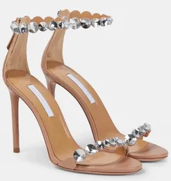 유명한 Aquazzuras Women Maxi-Tequila Sandals 신발 Crystal Stud Stiletto Heels 부유물 펌프 드레스 파티 신부 Sandalias EU35-43, 상자와 함께