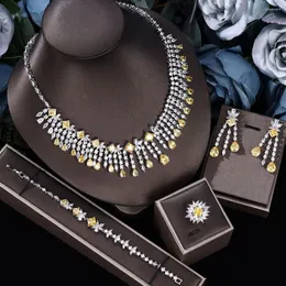 Necklace Earrings Set Luxury 4 Piece Tassel Yellow Cubic Zircon Bridal Jewelry For Women European Wedding Party Accessories