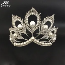 Miss universo coroas penas de pavão pérolas redondas completas tiara beleza rainha coroa grande para concurso mulheres joias acessórios de cabelo c1276f