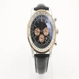 Nuovo stile orologio al quarzo funzione cronografo cronometro quadrante nero cassa scanalata in oro cintura in pelle scheletro argento 1884 Navitimer Watc324Q