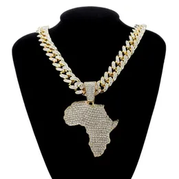 Fashion Crystal Africa Map Pendant Necklace For Women's Hip Hop Accessories Smycken Halsband Choker Cuban Link Chain Gift281n