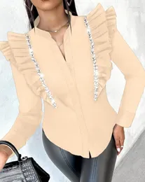 Kvinnors T -skjortor Kvinnor Eleganta toppar 2023 Mode Kvinnliga blusar Rhinestone Decor Ruffles Flutter Sleeve Top Solid Color Stand Collar