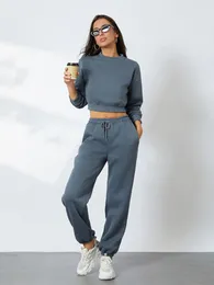 Pantaloni a due pezzi da donna Wsevypo Autunno Tute a due pezzi Tinta unita Manica lunga O Collo Felpe corte e set di pantaloni da jogging con fascia elastica