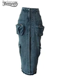 Spódnice benuynffy streetwear ltiple kieszeń zip mucha ładunki długie spódnice kobiety y2k vintage luźne wysokie rozdzielone rąbek dżins maxi spódnicę 231212