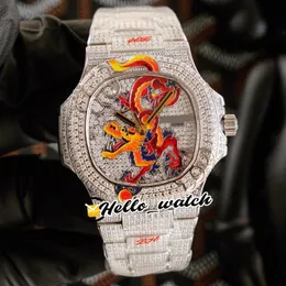JHF Limited Novo Iced Out Full Diamonds 5720 1 Esmalte Dragon Design Dial Cal 324 S C Relógio Automático Masculino 5720 Diamantes Pulseira He151h