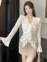 Women's Blouses CJFHJE Sexy See Through Women Lace Shirt Fashion Hollow Out Slim Blouse Korean Elegant Flare Sleeve V Neck All Match Female