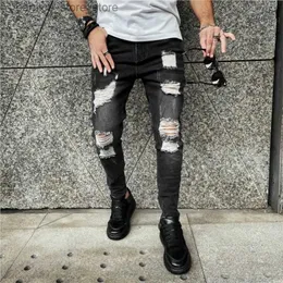 Jeans masculinos moda meados de cintura jeans magros homens vintage angustiado elástico destruído lápis calças preto casual grande jeans rasgado q231213