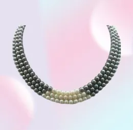 Collier de perles naturelles noires et blanches, 3 rangées de 78MM, 1719quot0124320295