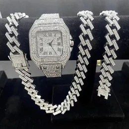 Wristwatches 3PCS Iced Out Watches For Men Gold Watch Quartz 15mm Cuban Link Chains Bracelet Necklaces Diamond Jewelry Man Reloj2527