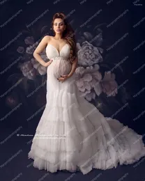 Vestidos casuais elegante branco em camadas vestido de maternidade forma de sereia até o chão com babados de trem macio tule sexy sheer gravidez vestido