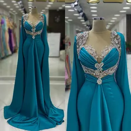 Blå sjöjungfrun aftonklänningar kristallpärlor o nackröd matta klänning långa ärmar formella prom klänningar elegant vestido de novia
