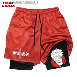 Shorts masculinos Anime Jujutsu Kaisen Print Gym Shorts para homens 2 em 1 shorts de compressão com bolsos Quick Dry Excorrente Excelente Fitness Workout L231212
