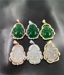 Collar con colgante de jade de Buda sonriente, joyería de piedras preciosas con incrustaciones plateadas de plata 925, ágata de calcedonia de hielo, colgantes femeninos Maitreya Whol9380239
