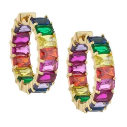 Brinco de argola cz arco-íris para mulheres banhado a ouro quadrado baguete zircônia cúbica colorido multicolorido cz moda feminina joias250J