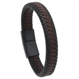 Bangle clássico pulseiras de couro preto para homens mão tecer jóias presente negócios pulseiras com metal fecho magnético pulseira