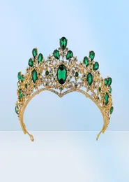 Nya hårsmycken för kvinnor barockgröna tiaror krönar guldmetall tiara kristall strass diadem bröllop hår tillbehör6286000