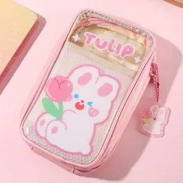 Kawaii Cartoon Multi-Layered Pencil Case Gaze Mesh Pencilcase Pen Bag stora kapacitetslådor för skolan