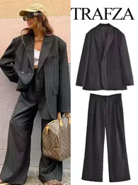 Pantaloni a due pezzi da donna TRAFZA Donna Autunno Cappotto oversize Abito da ufficio Donna Blazer Elegante Capispalla Giacche Donna Blazer a righe Abiti Giacca 231212