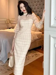 Casual Dresses Fashion Tweed Plaid formellt tillfälle Lång blyertskvinnor Kläddamer Mujer Elegant Sweet Slim Dress Vestidos Robe Femme