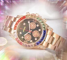 Luksusowe pełne zegarki ze stali nierdzewnej Mężczyźni Importowani ruch kwarcu kolorowy gwiaździsty diamenty pierścionek Pełny funkcjonalny stoper Three Oczy Wodoodporne prezenty na rękę na rękę
