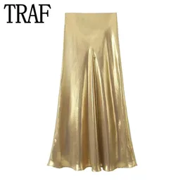 Roupas étnicas Traf 2023 Ouro Saia Longa Mulheres Metálicas Cintura Alta Mulher Moda Outono Velho Dinheiro Midi Elegante Saias Sociais 231212