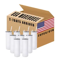 USA/CAN warehouse 20oz white straight sublimation blanks tumblres double wall stainless steel insulated car mugs with plastic straw 1212