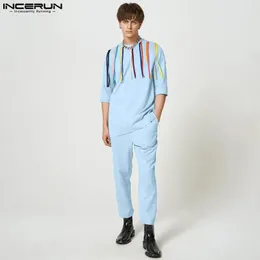 남자 트랙 슈트 인 Incerun 남자 세트 Tassel Patchwork oneck 34 슬리브 티셔츠 바지 2pcs 스트리트웨어 2023 패션 캐주얼 정장 S5XL 231211