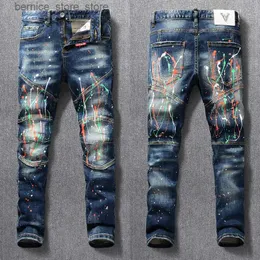 Jeans masculinos rua moda homens jeans retro azul estiramento fino ajuste pintado rasgado jeans homens emendados designer hip hop denim biker calças hombre q231213