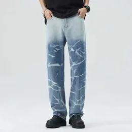 Herren-Jeans, Designer-Luxus-Jeans, amerikanische High-Street-Nische, lockere Hose mit weitem Bein, Hip-Hop, Explosion, gewaschene blaue Straight-Jeans, bodenlange Hose