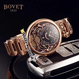 40mm Bovet 1822 Tourbillon Amadeo Fleurie Relógios Quartz Mens Watch Black Skeleton Dial Rose Gold Steel Bracelet HWBT Hello Watch218W