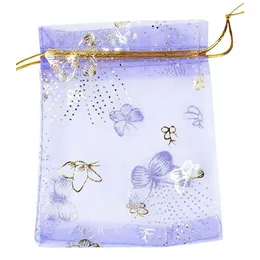 10x12 cm 100 pz / lotto Viola Farfalla Stampa Sacchetti di caramelle per matrimoni Imballaggio di gioielli Sacchetti di organza estraibili Sacchetti regalo per feste350c