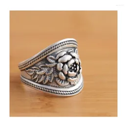 Cluster Ringen Vrouwelijke Vintage Rose Flower Ring Stereoscopische Pioen Carving Zilver Kleur Blossom Voor Vrouwen Party Sieraden Cadeau