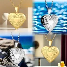 Romantic Love Heart Locket Pendant Necklaces For Women 14K Gold Photo Frame Promise Jewelry Chokers Gift