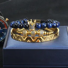 أزياء 3pcs مجموعة التاج Bangel Bracelet Men and Woman Leopard Braiding Bracelet Bracelet Stainless Steel Baricles Blue Cz Jewelry299d