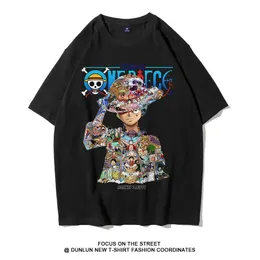 T-shirt à manches courtes Luffy, une pièce, co-marqué, anime japonais, en coton, ample et polyvalent pour étudiant, T-shirt à manches courtes