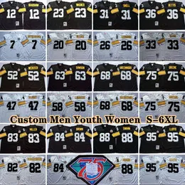 Personalizado 75º Vintage 75 Joe Greene 1969 Camisas de Futebol 52 Mike Webster 26 Rod Woodson 36 Jerome Bettis 63 Dermontti Dawson 83 Heath Miller 95 Greg Lloyd 86