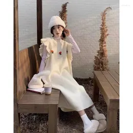 Kadın Sweaters 2023 Güney Kore Tatlı Auriküler Kenar Küçük Çiçek Örgü Top Elbise Sonbahar/Kış Orta Uzunluk Kazak Gevşek Casua