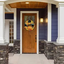 Corona de calabaza de otoño de Halloween con gato negro para puerta de entrada con calabazas arces artificiales girasol otoños cosecha decoración del hogar Y191Z
