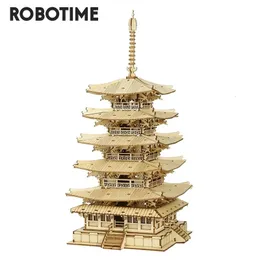 3D-Puzzles Robotime Rolife 275 Teile DIY 3D Fünfstöckige Pagode Holzpuzzlespiel Zusammenbau Konstrukteur Spielzeug Geschenk für Kinder Teenager Erwachsene TGN02 231212