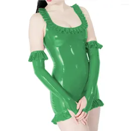 Casual Dresses Female Sexy U Neck Bodycon Sleeveless PVC Shiny Mini Dress With Gloves Party Fetish Pencil Tight Fitted Sissy Vestidos