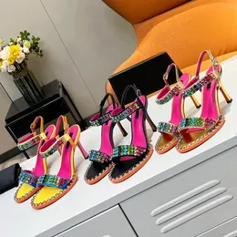 Top luxo cristal decorativo sandálias stiletto cetim cor retalhos designer festa sapatos de casamento sapatos de noite tamanho grande sapatos de salto alto 35-43 com caixa original