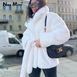 Women s Leather Faux Luxury Pure White Belted Fur Coat Women Thick Warm Fluffy Plush Jacket Chic Ladies Street Fashion Winter Overcoats Outfits 231212