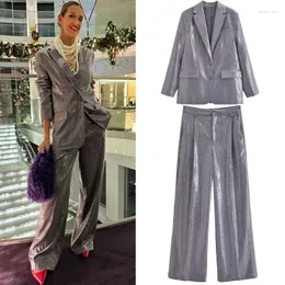 Kadınlar Suits Kadın Sequins Blazer setleri pantolon düz fit ceketler kadın zarif uzun kollu katlar kadınlar Koreli sonbahar dışarılar