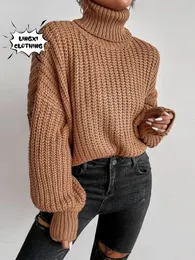 Suéteres para mujer Otoño Elegante Manga larga Dibujado Cuello alto Cálido Grueso Estilo de calle Color sólido Tejido Vintage Suéter 231213