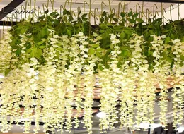 Dekoracyjne kwiaty wieńce 12pcs Jedwabny Wisteria White Artificial Vine Ivy Plant Fałszywe drzewo Garland Wiszący kwiat wystrój ślubny El6410108